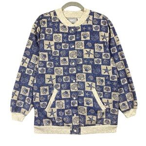 Vintage Blair Seashell Check Button Snap Cardigan Jacket Womens Size M Blue